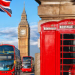 Iconic London scene with Big Ben, red bus, and telephone box—quintessential symbols of life in the UK.